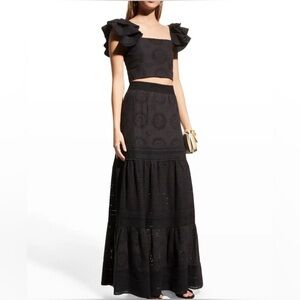 Alice + Olivia - Tawny Eyelet Ruffle Crop Top + Reise Eyelet Panelled Maxi Skirt